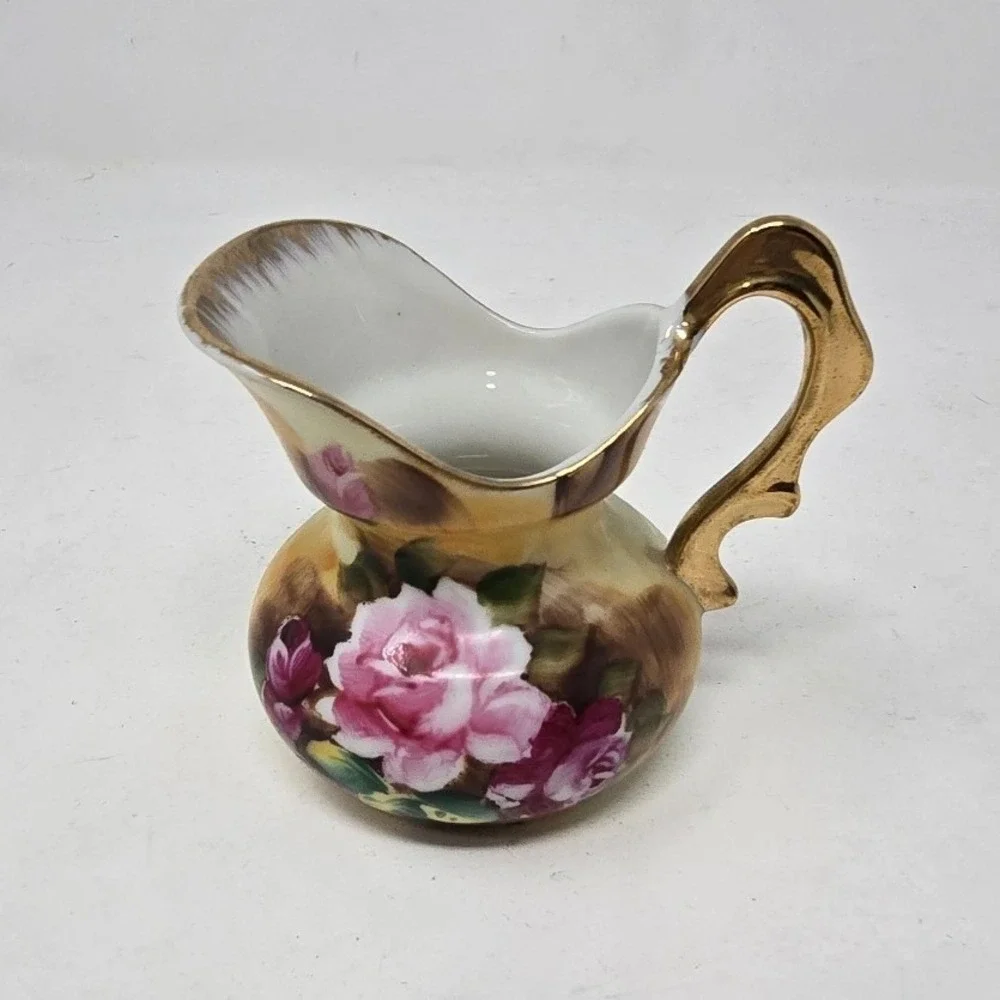 Vtg Enesco porcelain mini wash bowl & pitcher pink roses Japan hand painted